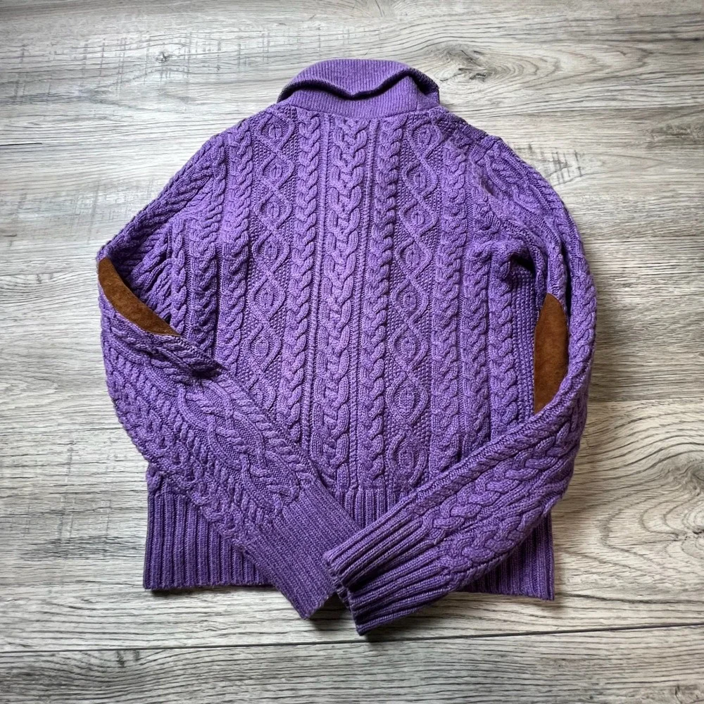 Ralph Lauren Cardigan Girls L 12/14 Purple Cable Knit Suede Elbow Patch Sweater